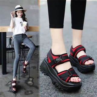 Giày Sandal Đế Cao Quai Ngang Khuy Bấm Dây Phối màu