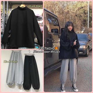 Set đông áo nỉ Streetwear Unisex Form rộng áo cổ lọ 3 phân+quần jogger