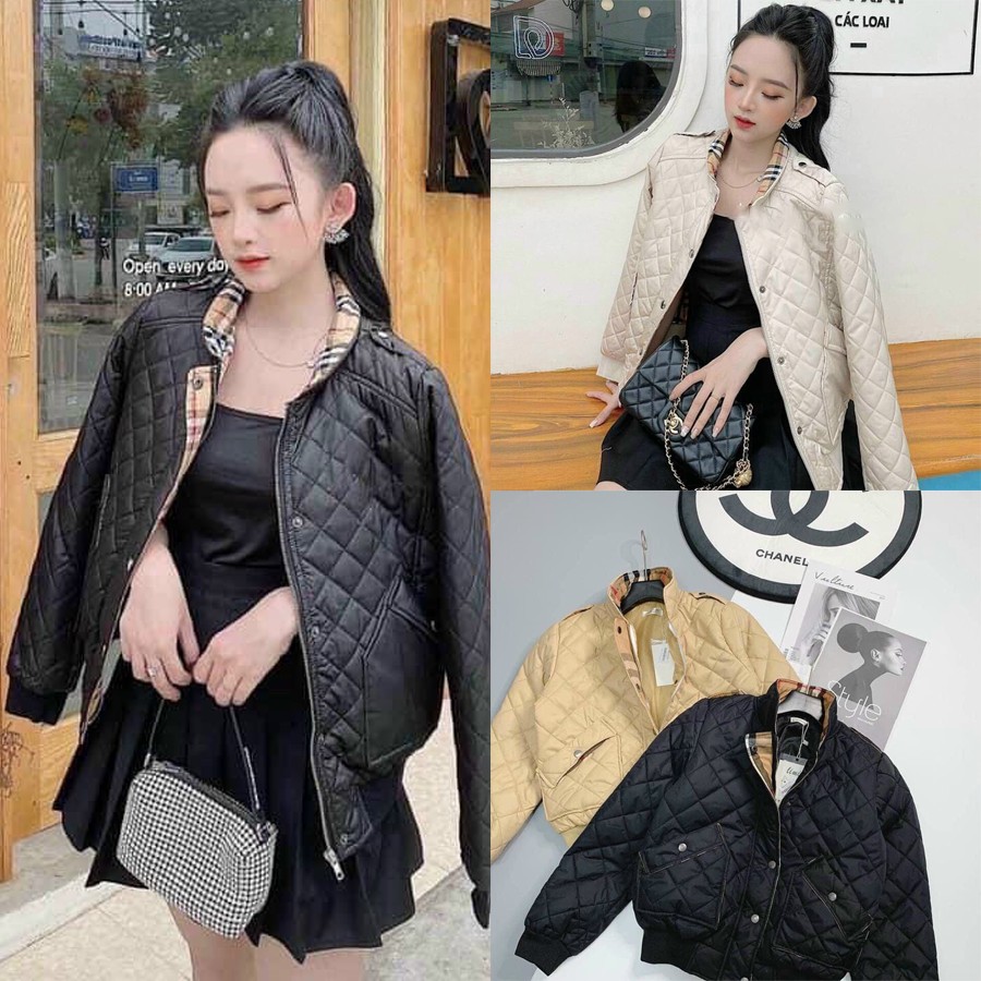 Áo Khoác Phao Nữ Quả Trám TEMA - Áo Khoác Phao Bomber Cổ Sen Lót Kẻ