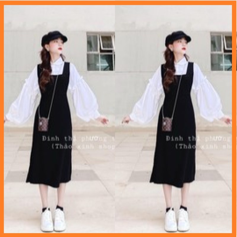 Set váy yếm kèm áo tay bồng Video Hình THẬT, yếm váy nữ dài xẻ tà ôm eo đủ size