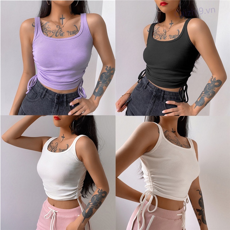 Áo Croptop Dệt Kim Sát Nách Thiết Kế Dây Rút Quyến Rũ