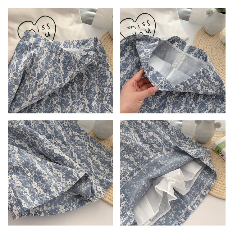 Summer retro lace stitching floral high waist A-line bag hip mini skirt