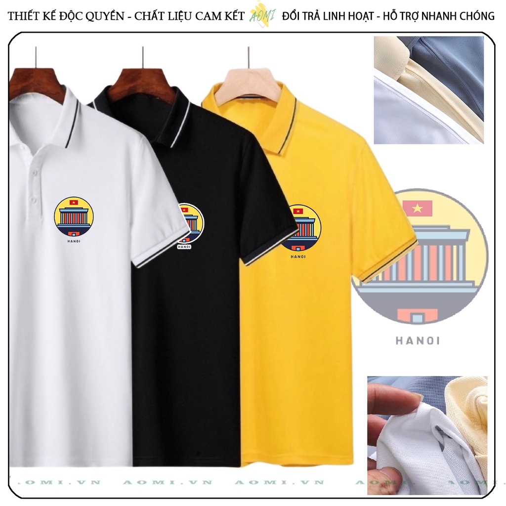 ÁO POLO HÀ NỘI LĂNG BÁC VIỆT NAM CHẤT THUN CÁ SẤU MÈ ĐEN TRẮNG VÀNG UNISEX PHÔNG NAM NỮ THUN CỔ BẺ BASIC GIA ĐÌNH AOMIVN