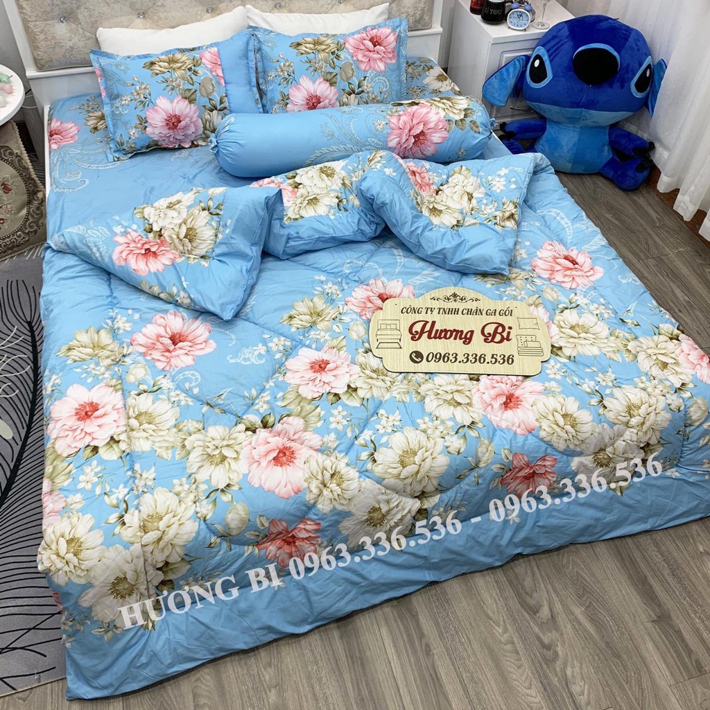 Bộ Drap Chăn Phao Bông Gòn 100% Chất Liệu Cotton Poly Mềm Mịn & Thoáng Khí [ Mua Chăn Ga Gối Tặng Ôm ] - Hoa Trà Xanh