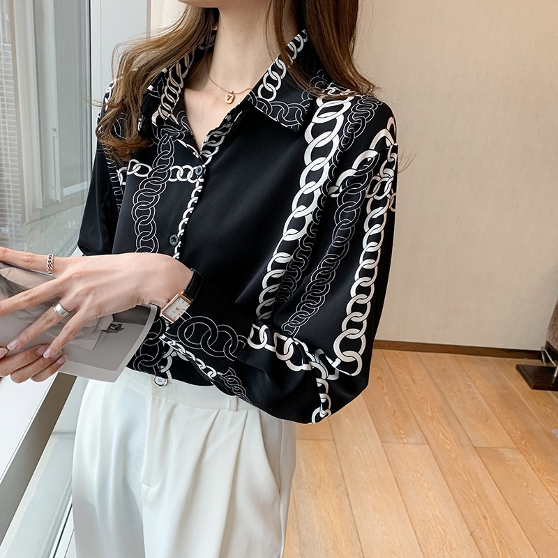 Áo Sơ Mi Tay Dài In Họa Tiết Sợi Xích Phong Cách Âu Mỹ Thiết Kế Mới Thời Trang Cho Nữ