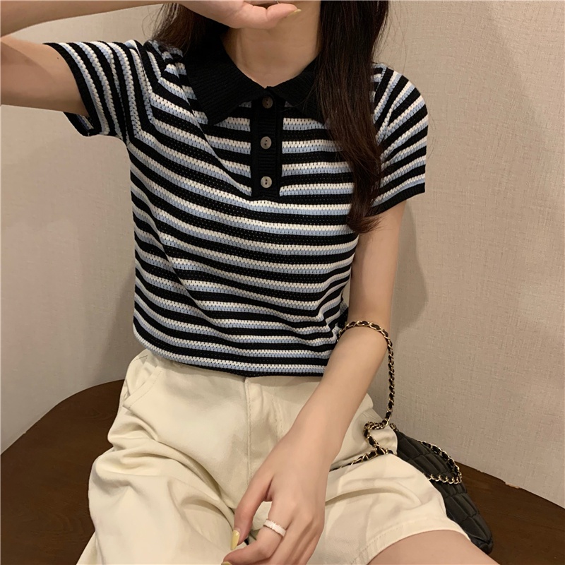 Áo thun ZHELIHANGFEI polo dệt kim tay ngắn kẻ sọc thời trang mùa hè dễ phối đồ cho nữ