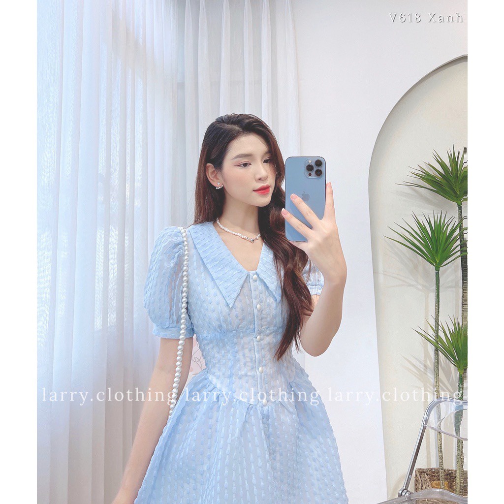 Váy Tay Bồng Đính Cúc Ngọc - Váy Tiểu Thư Cổ Tim Dáng Xòe Hình Giọt Nước - Chất Xốp Dày Dặn Loại 1 Thiết Kế 2 Lớp
