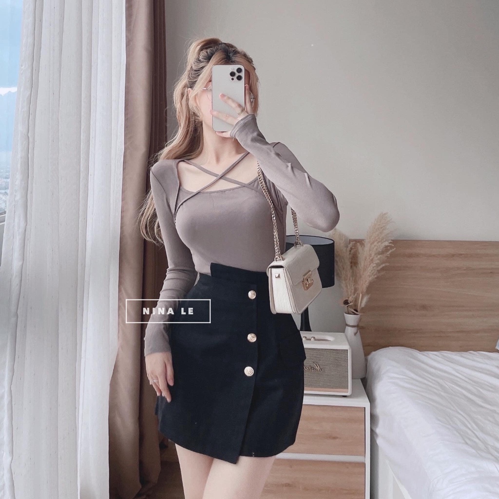Set chân váy dài tay cổ bozip dài tay nắp túi BN125