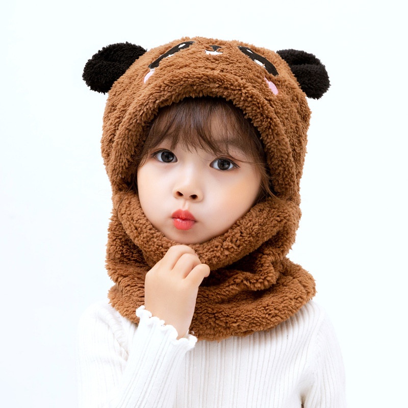 Mũ Beanie Kèm Khăn Choàng Cổ Bằng Lông Cừu Dày Dặn in Họa Tiết Hoạt Hình Gấu Trúc Dễ Thương Thời Trang Thu Đông Cho Bé