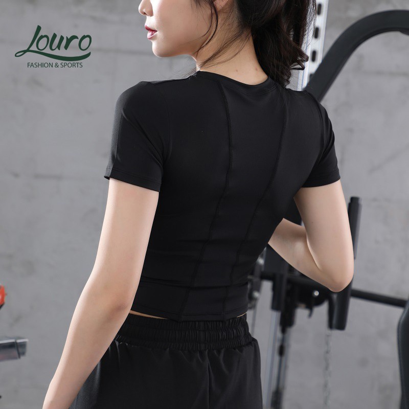 Áo tập gym, yoga nữ cộc tay Louro, kiểu áo croptop body cao cấp, chất liệu co giãn thoáng mát - LA75