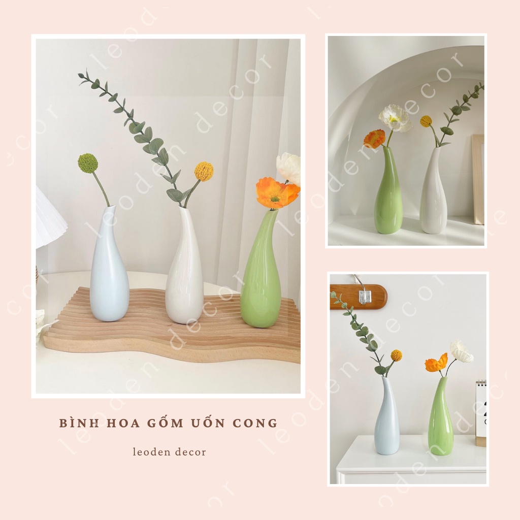 Bình hoa trang trí uốn cong bằng sứ trơn bóng đẹp, lọ hoa đẹp trang trí bằng gốm phong cách Hàn Quốc