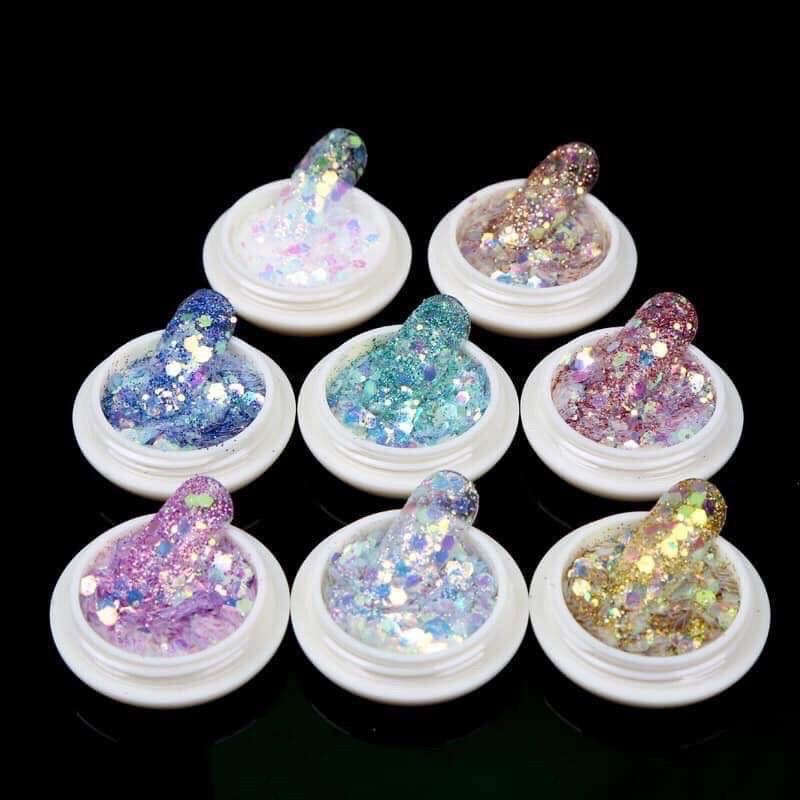 Set nhũ kim tuyến 8 màu trang trí ,Nhũ Vảy Cá 9D kim tuyến 8 hũ Nail / Gấu Nail