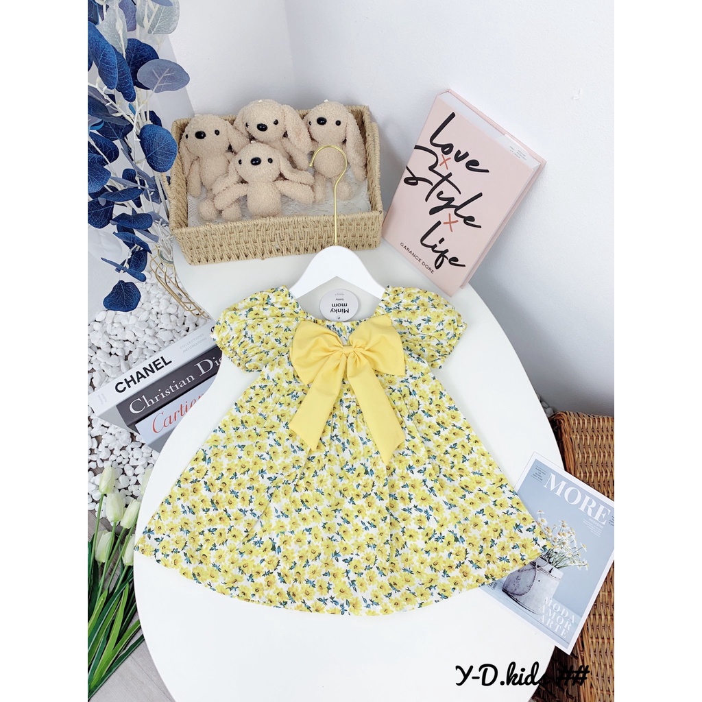 Váy hoa bé gái, đầm bé gái nơ buộc vải thô hoa mềm mại loại 1 size 12-22kg có 5 màu