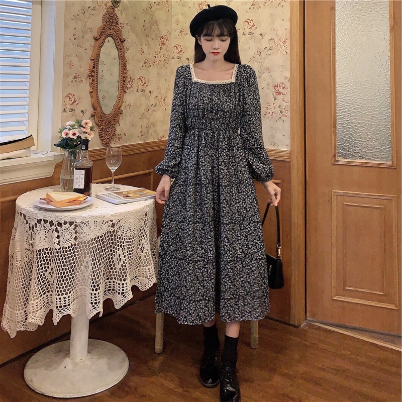 Đầm họa tiết hoa dáng dài phong cách Hàn Quốc thời trang mùa thu cho nữ