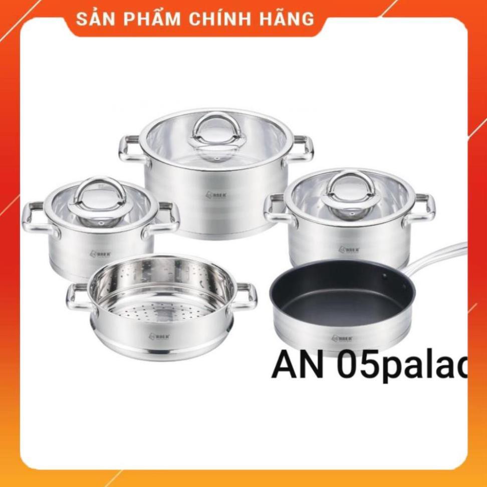 [FreeShip]  Bộ nồi chảo Arber 5 chiếc inox 304 có xửng hấp BM