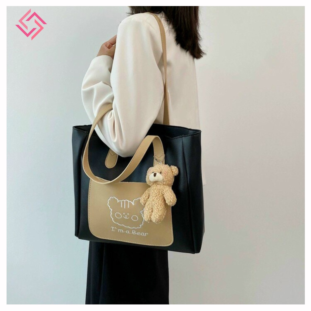 Túi tote da đeo vai nữ vừa sách vở A4 túi xách nữ to cao cấp đẹp kèm phụ kiện gấu LUCIA STORE TXN66