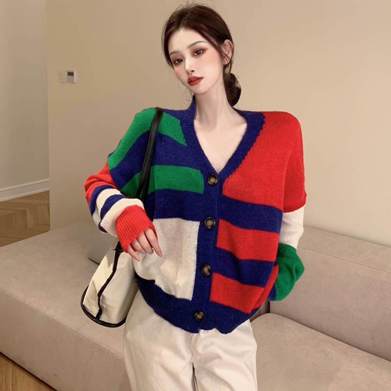 NSCAT-2021 hot nhất áo len sọc cổ chữ v hàng đầu của phụ nữ thiết kế dài tay áo khoác cardigan len hoang dã rộng rãi