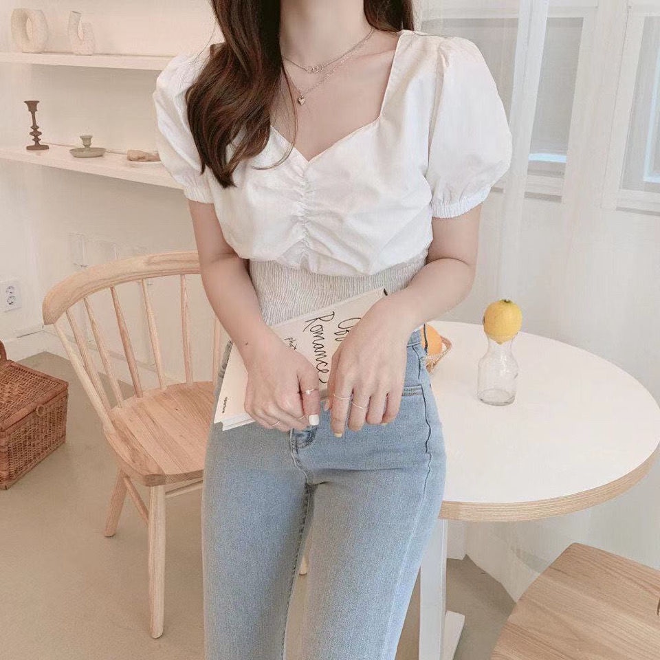 Áo Sơ Mi Tay Phồng Cổ Chữ V Phong Cách Hàn Quốc Mẫu Mới