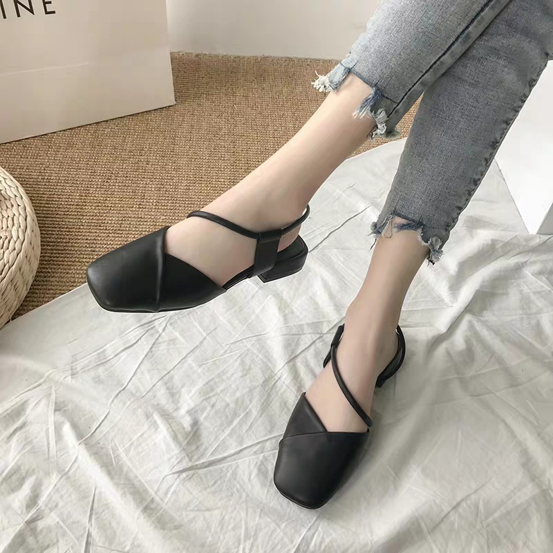 Gìay sandal tiểu thư đen mũi vuông quai ống, giaydepxinh.dangmi