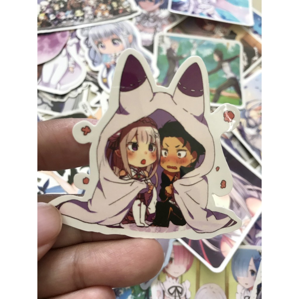 Miếng dán Sticker anime Re Zero kara Hajimeru Isekai Seikatsu trọn bộ 50 hình - In rõ ràng sắc nét khó tróc