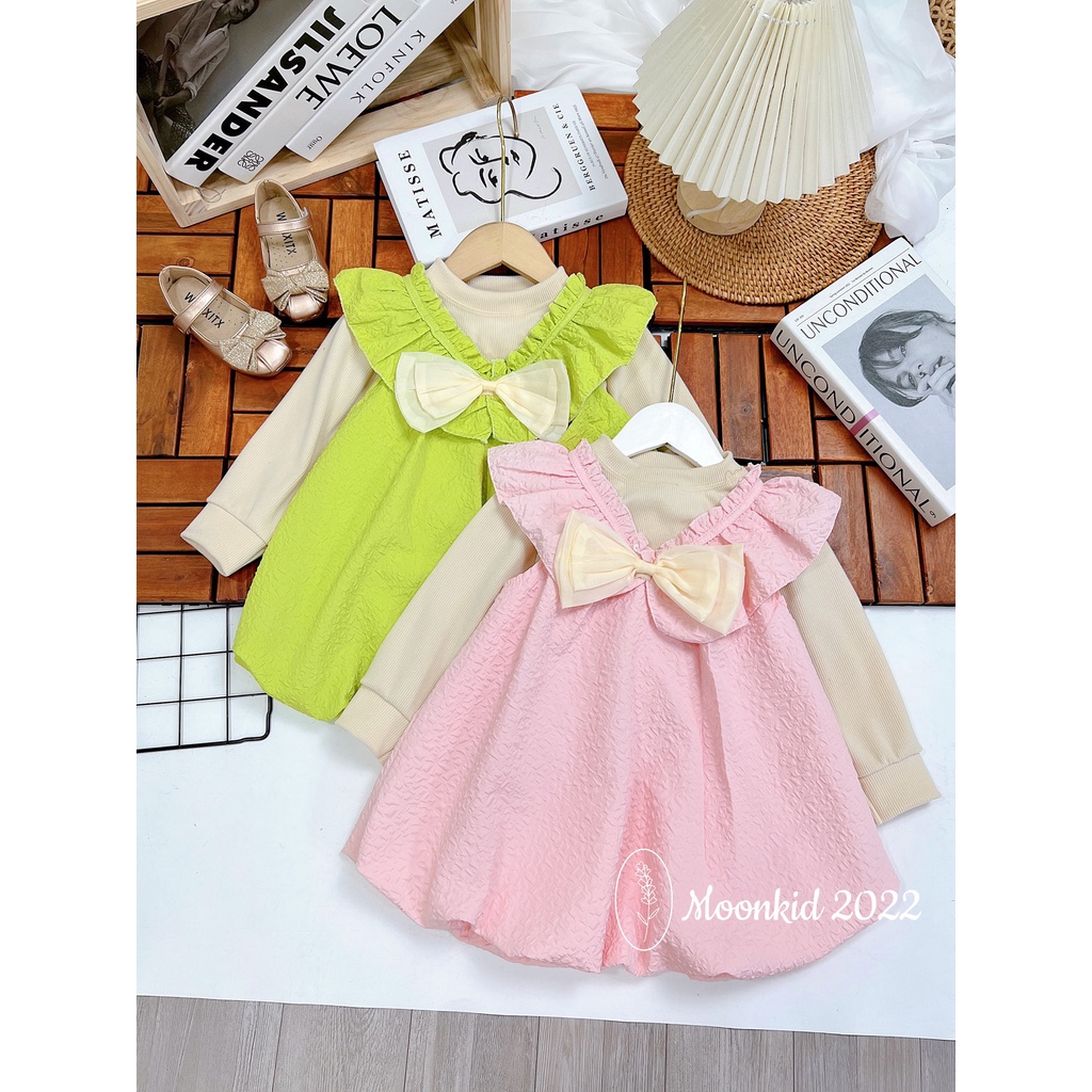 Set váy nơ cổ bèo 2 chi tiết cho bé gái cao cấp 8-22kg