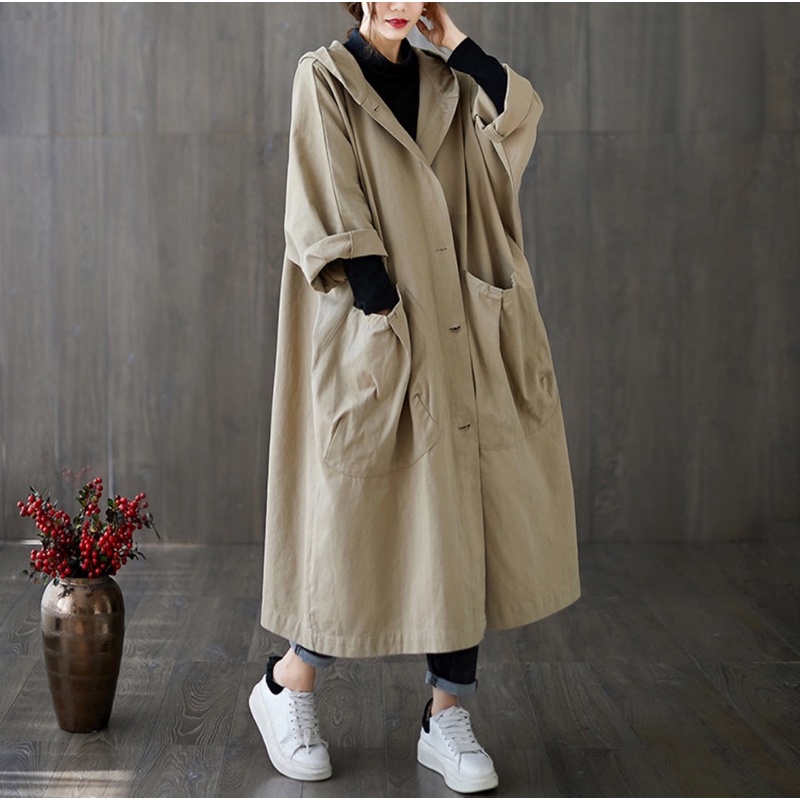 Áo khoác phong cách Nhật Trench Coat nữ có mũ trùm đầu dáng dài túi áo lớn thu đông bốn mùa ulzzang Hàn Quốc Lenvintage