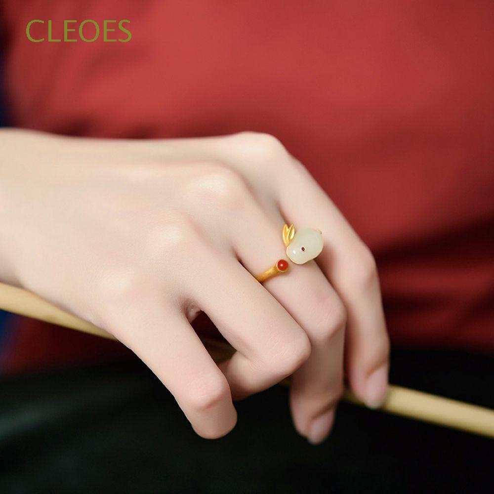 Nhẫn / Khuyên Tai / Vòng cổ Hình Thỏ Đính Đá Ngọc Bích Đơn Giản Phong Cách Hàn Quốc Cổ Điển Có Thể Điều Chỉnh Cho Nữ