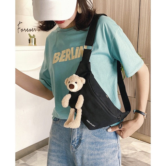 Túi đeo chéo, túi bao tử gắn gấu bông đáng yêu nhiều màu dễ phối đồ thời trang nam nữ Hàn Quốc đi học đi chơi