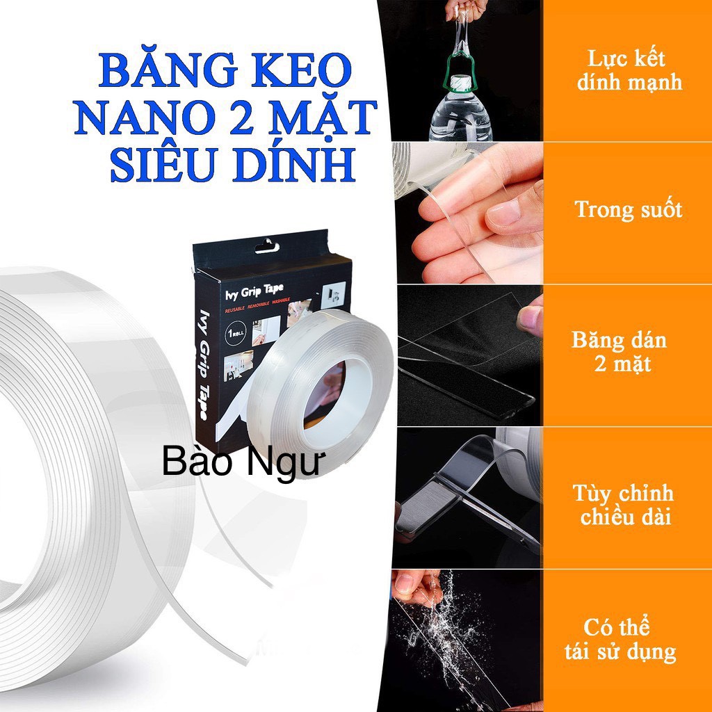 Băng Keo Hai Mặt Siêu Dính, Băng Dính 2 Mặt Trong Suốt Nano Dán Móc Giá Kệ Nhà Tắm