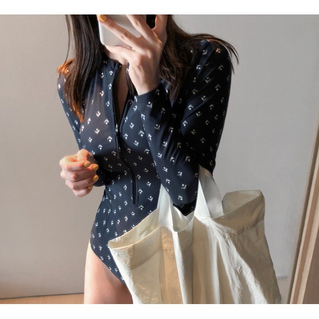 CÓ SẴN bộ đồ bơi nữ liền mảnh kéo khóa trước đen họa tiết nhí | BigBuy360 - bigbuy360.vn