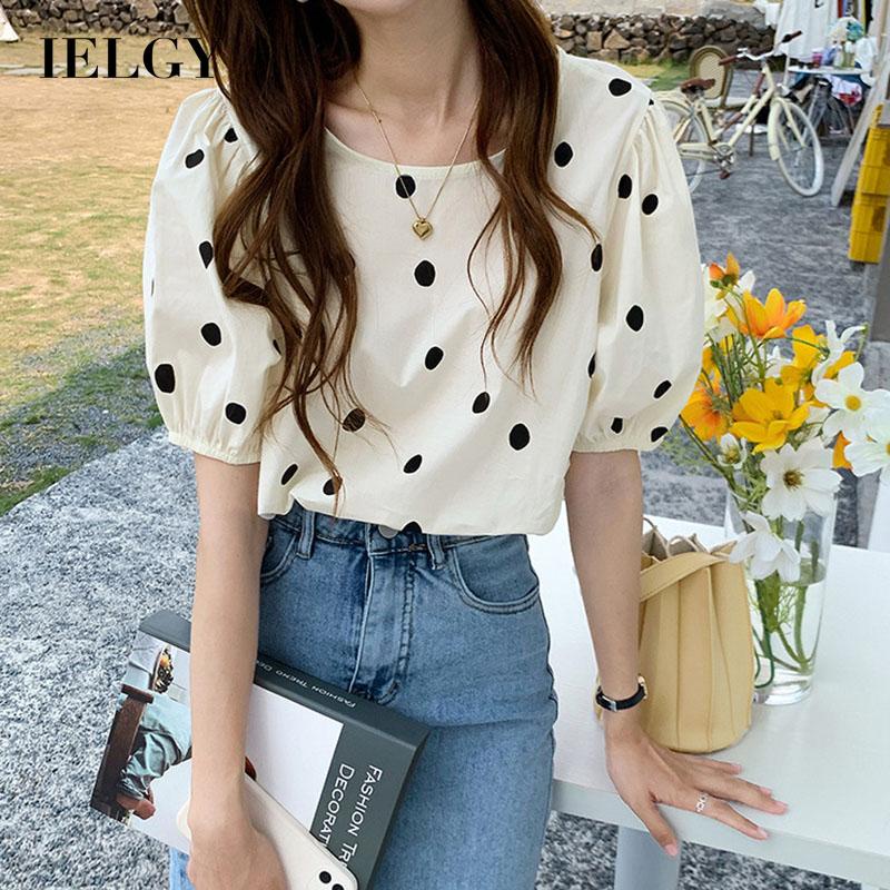 IELGY Áo Kiểu Tay Ngắn Họa Tiết Chấm Bi Dành Cho Nữ