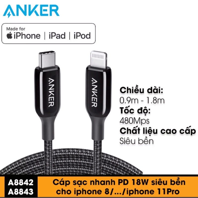 [Mã ELMS5 giảm 7% đơn 300k] Cáp sạc anker type C to lightning bọc sợi siêu bền, chuẩn PD chứng nhận MFI cho iphone ipad