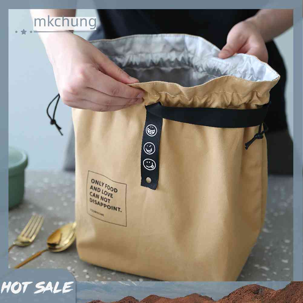 Túi Đựng Hộp Cơm Trưa Giữ Nhiệt Bằng Vải Canvas Có Dây Rút Tiện Lợi