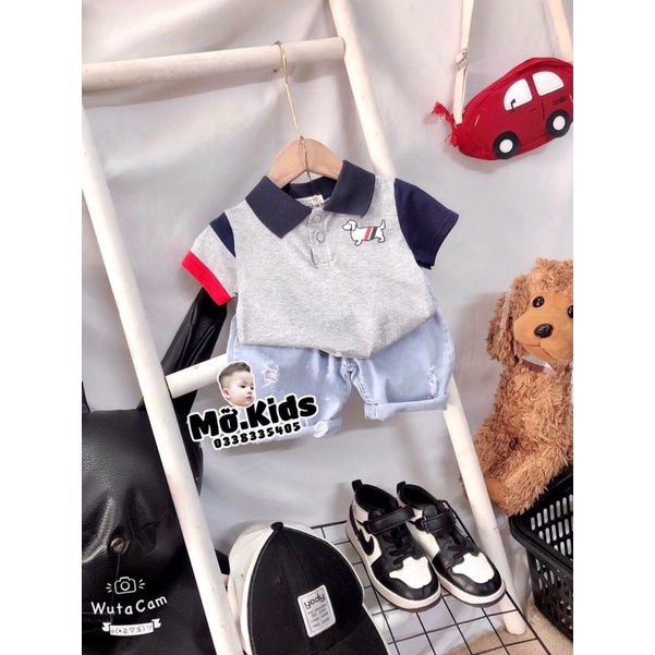 Set bộ quần jean mềm . áo cổ trụ in hình hoodie cho bé trai cực hot với hai màu trắng và ghi