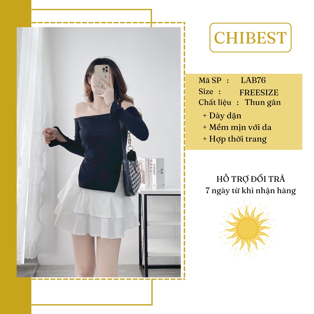 Áo thun ôm nữ  trễ vai vạc vuông phối xẻ tà ôm dáng body sexy CHIBEST LAB76
