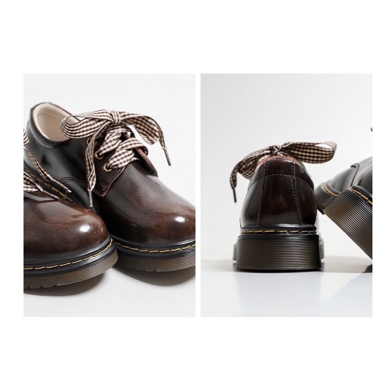 Giày nữ đa bò thật vintage phối ruy băng cao cấp