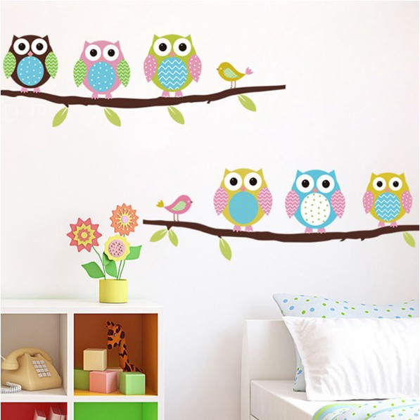 Decal trang trí tường - Cành Cây và Bày Chim Cú Sắc Màu