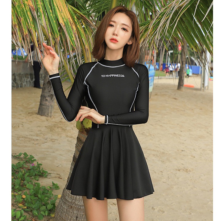Bộ đồ bơi nữ dài tay dáng váy thun lạnh cao cấp mới - quần đùi bên trong