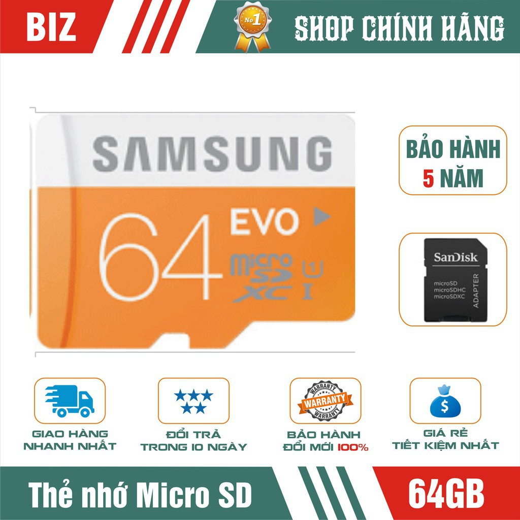 Thẻ nhớ 64GB Samsung MicroSD Evo plus (Kèm Adapter)_Bảo hành 5 năm!