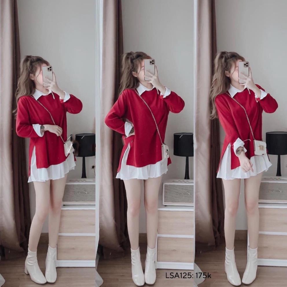 nguyên bộ đầm sơ mi trắng phối kèm áo len gân đỏ hoặc đen, cực chất