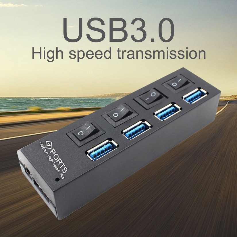 Thiết bị HUB tốc độ cao USB 3.0 di động 4 cổng riêng biệt với nguồn điện