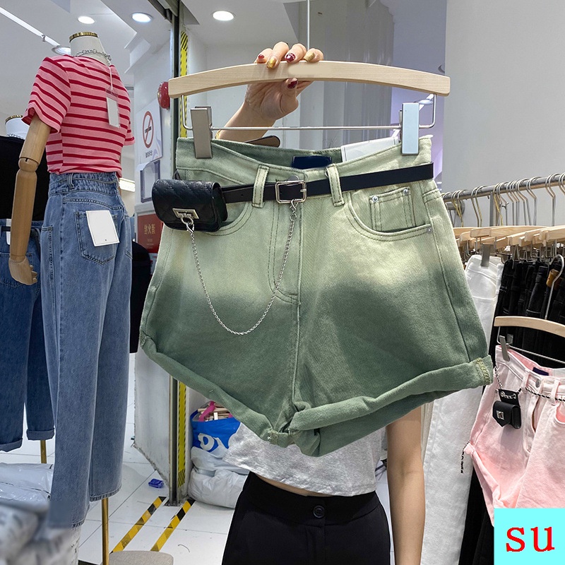 Quần Short Denim Màu Loang Lưng Cao Ống Rộng Thời Trang Mùa Hè 2022 Kích Thước Nhỏ Phong Cách Mới Cho Nữ