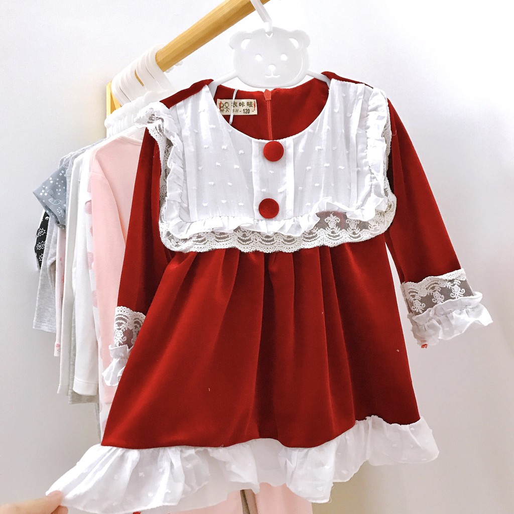 Váy công chúa cho bé gái thu đông 8-14kg - Thiết kế màu đỏ nhung phối ren trắng