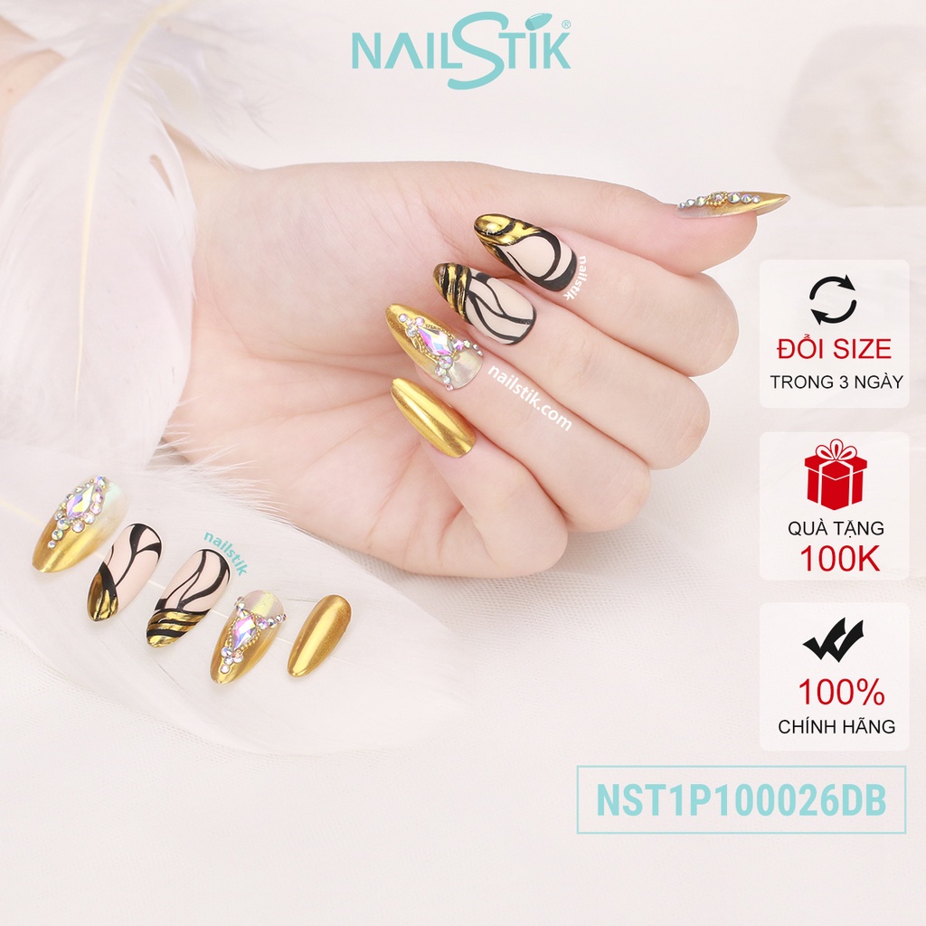 Móng úp thiết kế by NAILSTIK, màu vàng, form móng bầu, dài 026