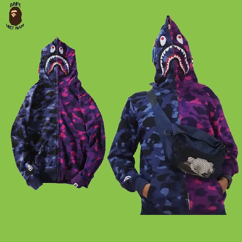 Áo Khoác Bape Half Camo Blue/Violet, Jacket Bape Shark, Áo jacket Bape fullzip thêu, 100% Cotton BapeVN