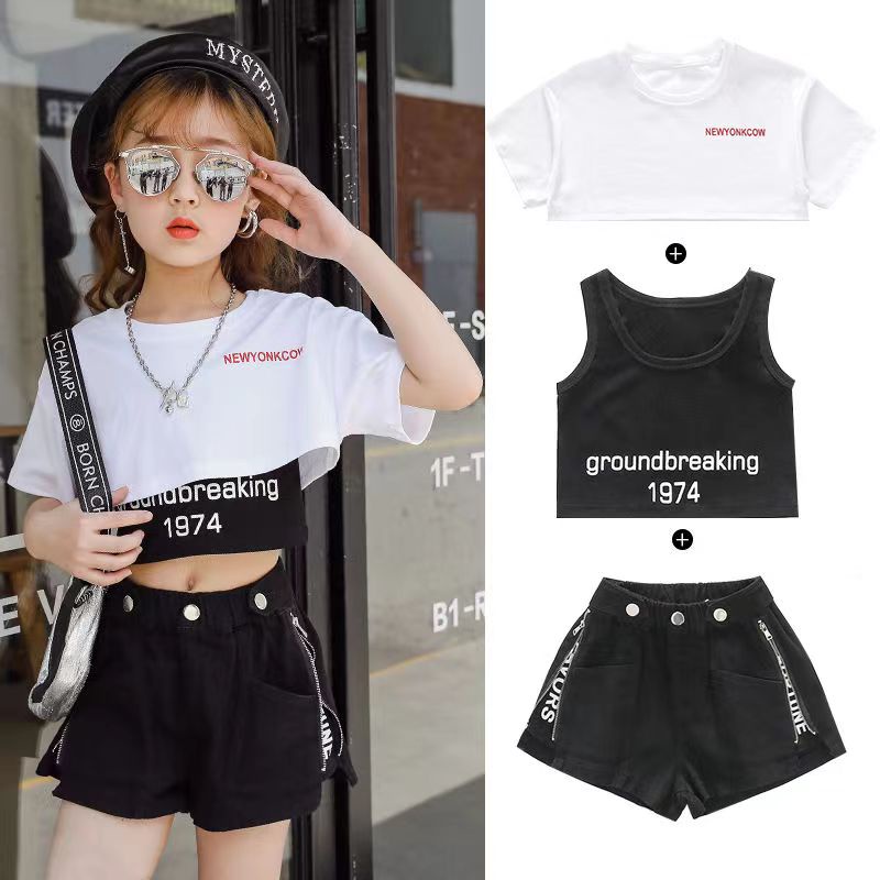 Set Áo Thun Đen Sát Nách Và Quần Short Lưng Cao Phong Cách Thể Thao Thời Trang Mùa Hè Cho Bé Gái 10-12 Tuổi