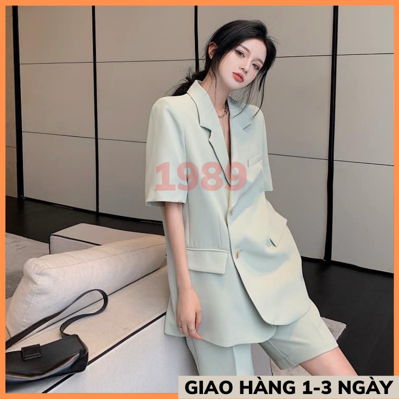 Set áo vest trơn XANH basic cộc tay kèm quần short form oversize, Set áo Blazer kèm quần short Hàn Quốc THỜITRANG1989 | BigBuy360 - bigbuy360.vn