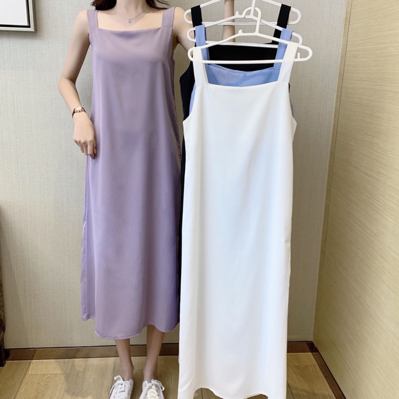 Váy Voan Trơn 165456 Đầm Hai Dây Dài Qua Gối Xẻ Tà Thời Trang Dành Cho Nữ