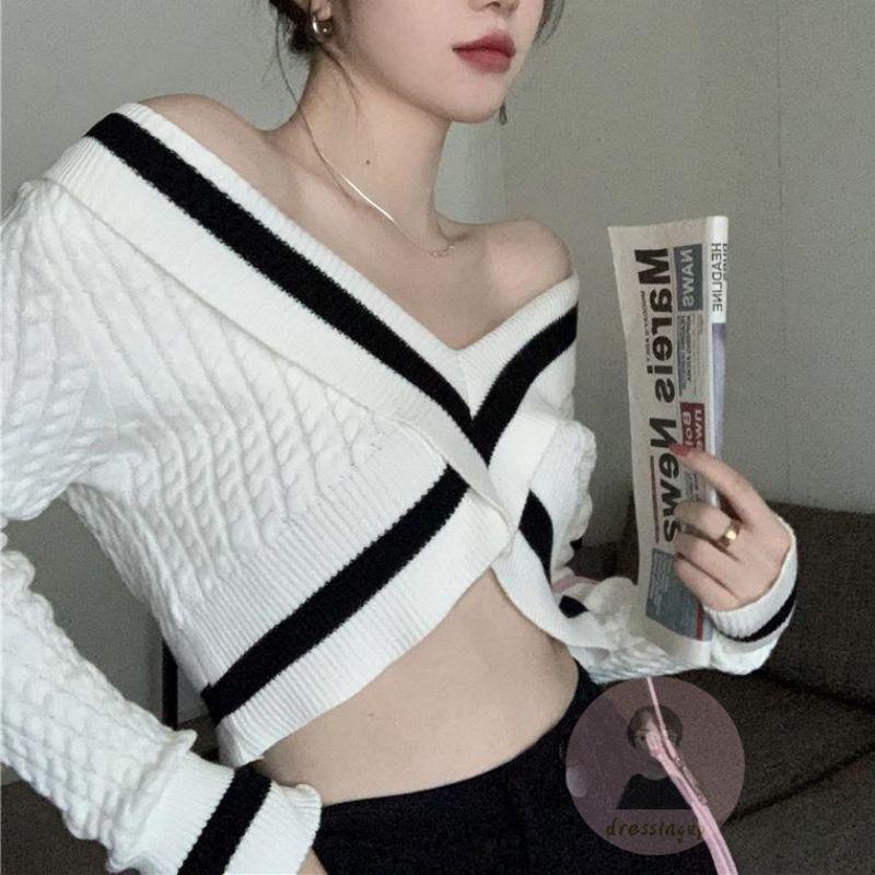 Áo Sweater Trễ Vai Tay Dài Họa Tiết Kẻ Sọc Phong Cách Pháp Thời Trang Mùa Thu Cho Nữ