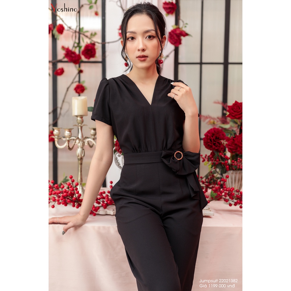 Jumpsuit Thắt Nơ Nữ Quần Ống Rộng Cổ V Thanh Lịch Thoáng Mát YOSHINO 22021382